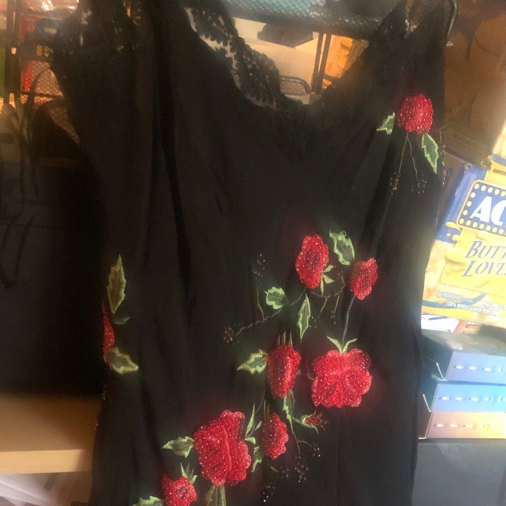 Cache Black Maxi Dress with Red Floral Design